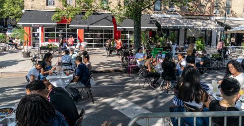 Restaurants in Inwood start to serve customers outdoors as New York City enters phase 2 of reopening in New York on June 22, 2020. People seen eating outdoors at MamaSushi restaurant. Governor Andrew Cuomo has announced that New York City is on track for Phase 2 after data shows numbers of new infections and hospitalization is down. (Photo by Lev Radin/Sipa USA)No Use UK. No Use Germany.