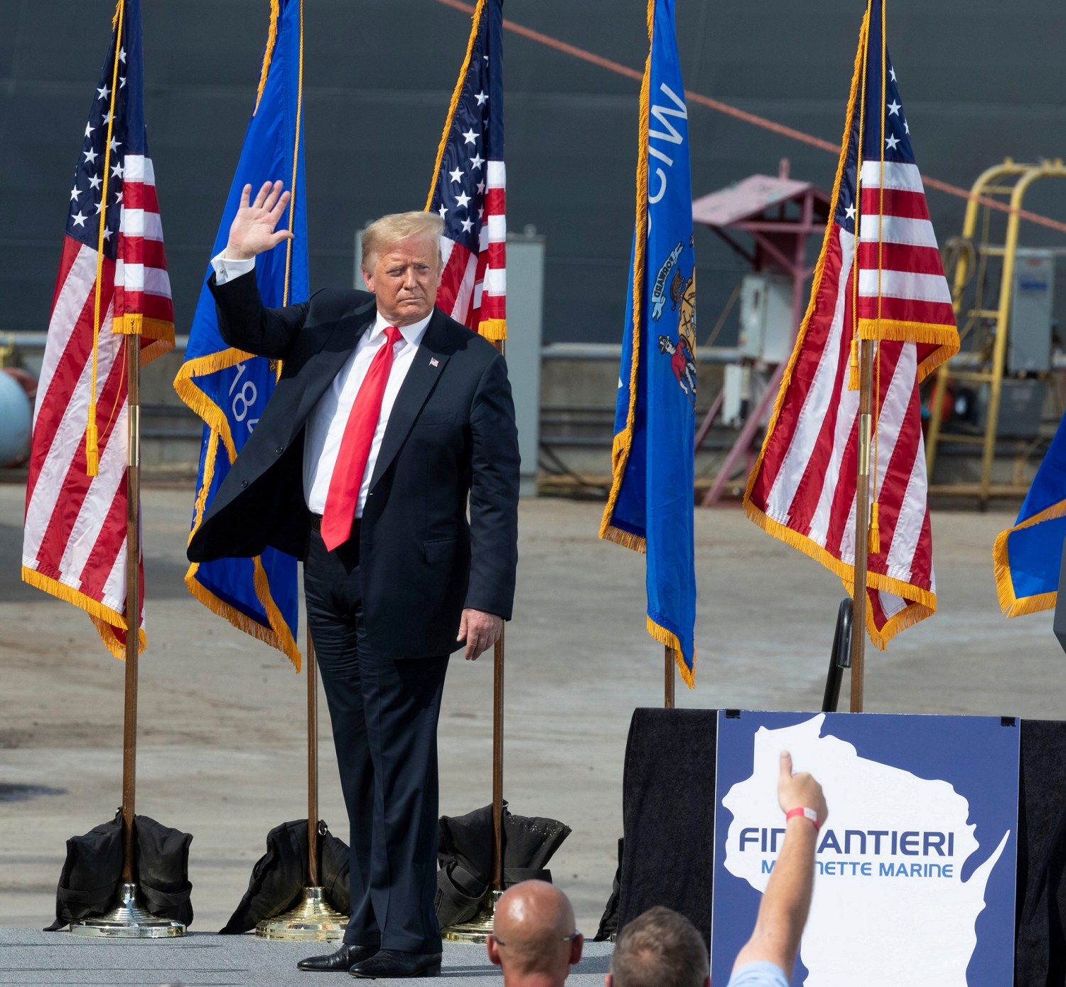 President Trump speaks Thursday, June 25, 2020 at Fincantieri Marinette Marine in Marinette, Wis. Trump's visit comes in the middle of his reelection bid against former Vice President Joe Biden, who secured the Democratic nomination earlier this month after a crowded primary contest. Both candidates hope to claim Wisconsin this November after Trump narrowly won the state in 2016, handing it to Republicans for the first time in years.MJS-gilbert26p3