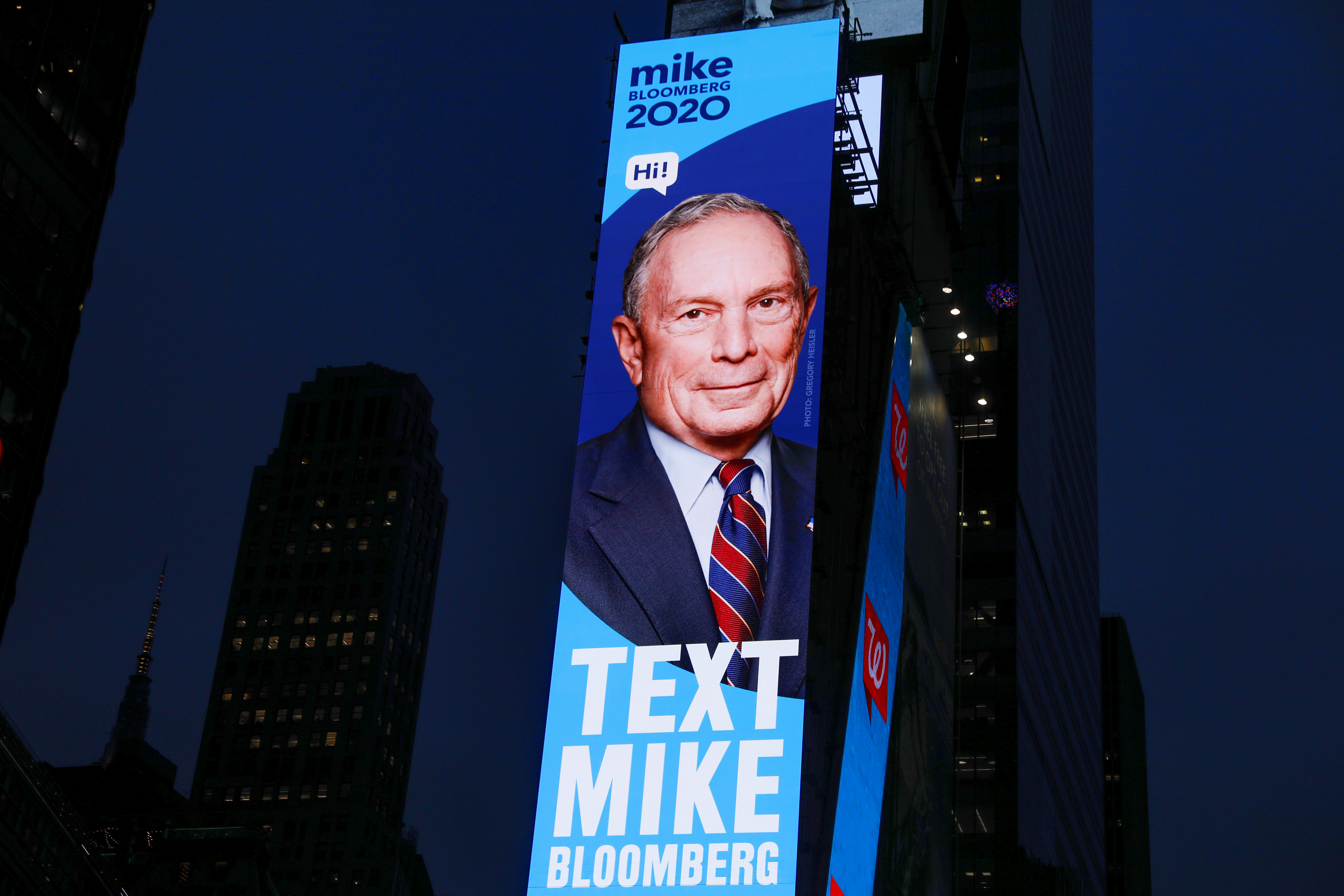 A billboard advertisement for Democratic 2020 U.S. presidential candidate and former New York City Mayor Mike Bloomberg is seen in Times Square in the Manhattan borough of New York City, New York, U.S., March 2, 2020. REUTERS/Andrew Kelly