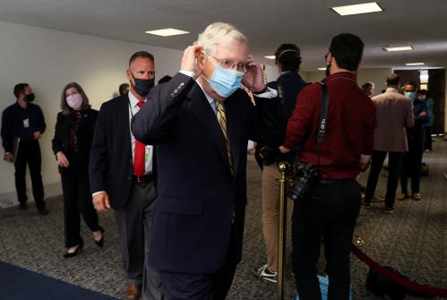 U.S. Senate Majority Leader Mitch McConnell (R-KY) departs following the Senate Republicans weekly policy lunch on Capitol Hill in Washington, U.S., June 16, 2020. REUTERS/Jonathan Ernst