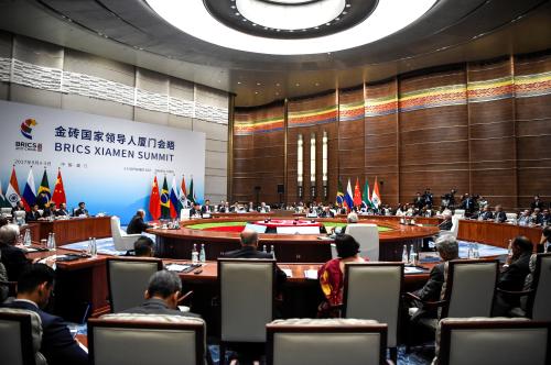 General view of Brazil's President Michel Temer, Russian President Vladimir Putin, Chinese President Xi Jinping, South Africa's President Jacob Zuma and Indian Prime Minister Narendra Modi seat during the BRICS Business Forum at the BRICS Summit in Xiamen, Fujian province on September 4, 2017. REUTERS/Fred Dufour/Pool - RC1EB86E2590