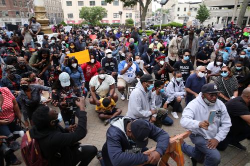 Hundreds of people take a knee in honor of George Floyd in front of city hall during a peaceful We Can't Breath Unity Rally June 2, 2020.Mt Vernon S We Can T Breath Rally