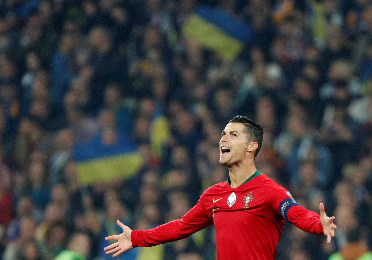 Soccer Football - Euro 2020 Qualifier - Group B - Ukraine v Portugal - NSC Olympiyskiy, Kiev, Ukraine - October 14, 2019  Portugal's Cristiano Ronaldo reacts  REUTERS/Valentyn Ogirenko