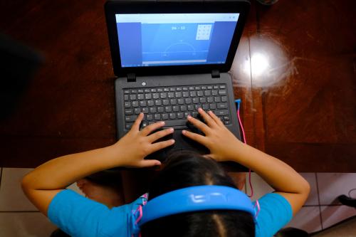 Hazeline Panditaratne completes her math assessments  from her computer in Broward County, Florida, U.S. May 29, 2020. Picture taken May 29, 2020.  REUTERS/Maria Alejandra Cardona
