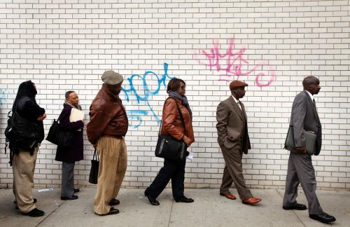 Jobseekers stand in line to attend the Dr. Martin Luther King Jr. career fair held by the New York State department of Labor in New York April 12, 2012.   REUTERS/Lucas Jackson/File Photo                                   GLOBAL BUSINESS WEEK AHEAD PACKAGE Ð SEARCH ÒBUSINESS WEEK AHEAD 3 OCTÓ FOR ALL IMAGES