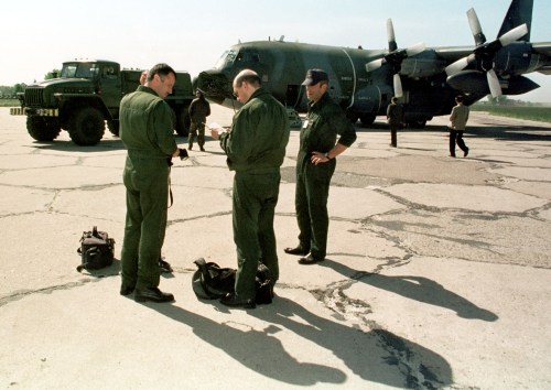 French military pilots are preparing for the first flight in the Kiev region May 15, 2001. A French military mission arrived in Ukraine for a two-day series of observation overflights according to" The Open Skies Treaty" signed in 1992 between member states of NATO and the former Warsaw Pact.AS/GB