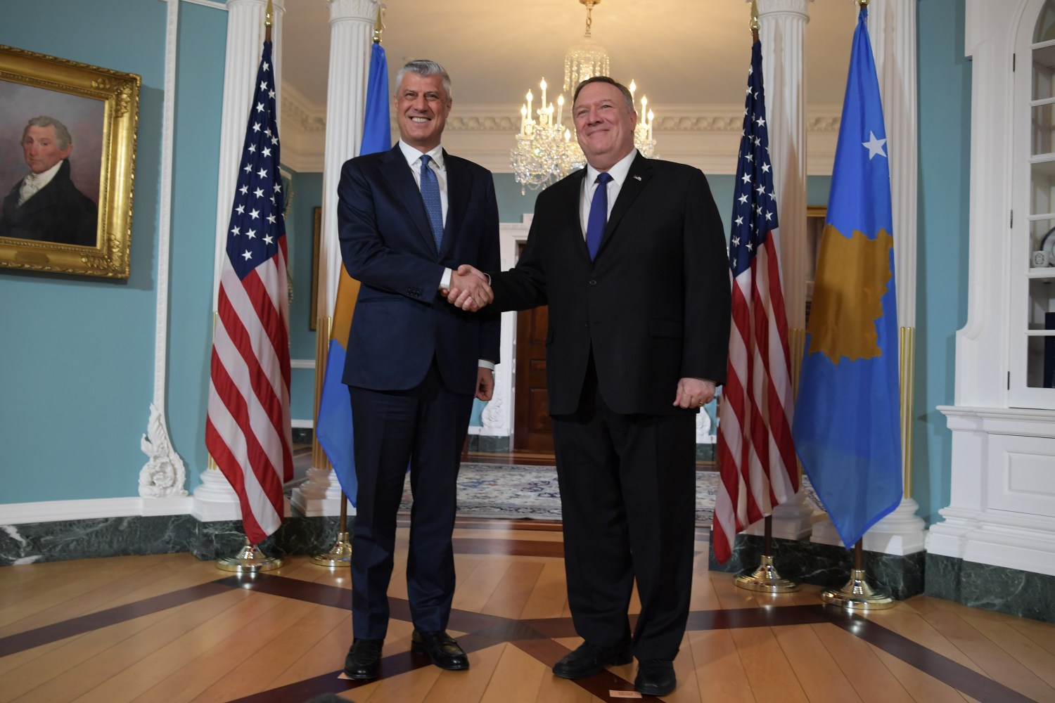 US Department of State Secretary Mike Pompeo(right) and  Kosovo President Hashim Thaci(left) hold a meeting today on February 26, 2020 at the Department of State in Washington DC, USA. (Photo by Lenin Nolly/Sipa USA)No Use UK. No Use Germany.