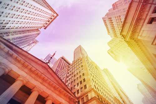 Vintage instagram filtered Wall Street at sunset, Manhattan, New York City, USA.