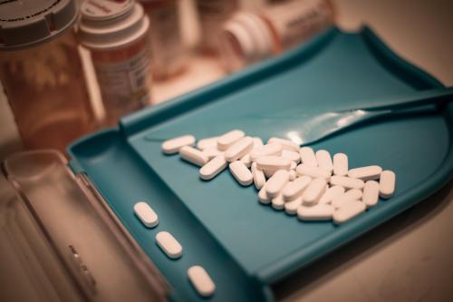 Prescription medication laid out on a counting tray prior to distribution