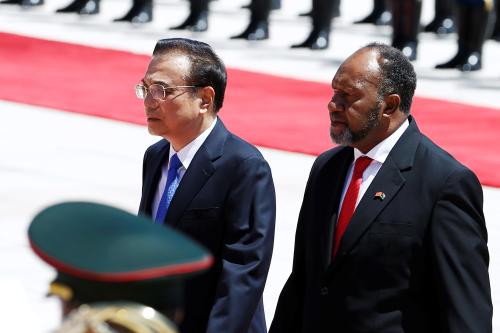 Vanuatu Prime Minister Charlot Salwai and Chinese Premier Li Keqiang attend a welcome ceremony outside the Great Hall of the People in Beijing, China May 27, 2019. REUTERS/Florence Lo