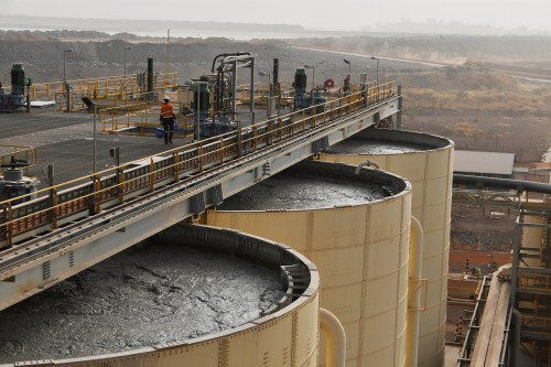 A view of tanks containing muds from which gold will be extracted at the gold mine site, operated by Endeavour Mining Corporation in Hounde, Burkina Faso February 13, 2020.Picture taken February 13, 2020.Reuters/Anne Mimault
