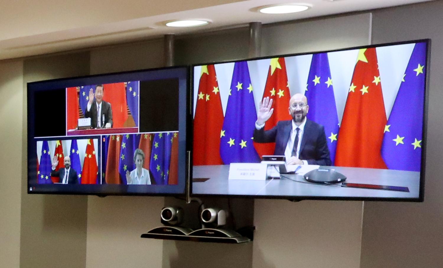 European Council President Charles Michel and European Commission President Ursula von der Leyen take part in a virtual summit with Chinese President Xi Jinping in Brussels, Belgium June 22, 2020.  REUTERS/Yves Herman/Pool