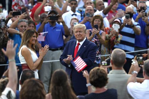 U.S. President Donald Trump and First Lady Melania Trump greet guests at the 2020 Salute to America on the South Lawn of the White House in Washington on July 4, 2020. Photo by Yuri Gripas/ABACAPRESS.COM