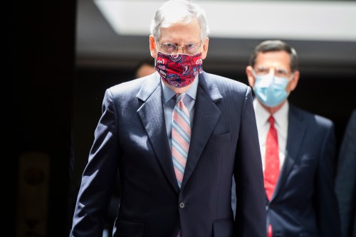 UNITED STATES - JULY 28: Senate Majority Leader Mitch McConnell, R-Ky., makes his way to news conference after the Senate Republican Policy luncheon in Hart Building on Tuesday, July 28, 2020. Mark Meadows, White House chief of staff, and Treasury Secretary Steven Mnuchin, attended the lunch. (Photo By Tom Williams/CQ Roll Call/Sipa USA)No Use UK. No Use Germany.