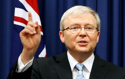 Australia's former Prime Minister Kevin Rudd, gestures at a news conference at the Commonwealth Parliamentary Offices in Brisbane, Australia February 24, 2012.    REUTERS/Renee Melides/File Photo