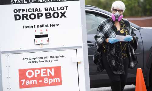 UNITED STATES - APRIL 28: A voter casts a ballot at a drop box for either Democrat Kweisi Mfume or Republican Kimberly Klacik in the election to fill the remainder of the late Rep. Elijah CummingsÕ term near Edmondson High School in Baltimore, Md., on Tuesday, April 28, 2020. (Photo By Tom Williams/CQ Roll Call/Sipa USA)No Use UK. No Use Germany.