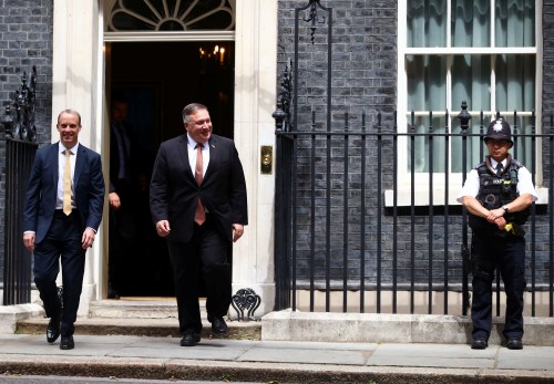 U.S. Secretary of State Mike Pompeo and Britain's Foreign Secretary Dominic Raab leave Downing Street in London, Britain, July 21, 2020. REUTERS/Hannah McKay/Pool