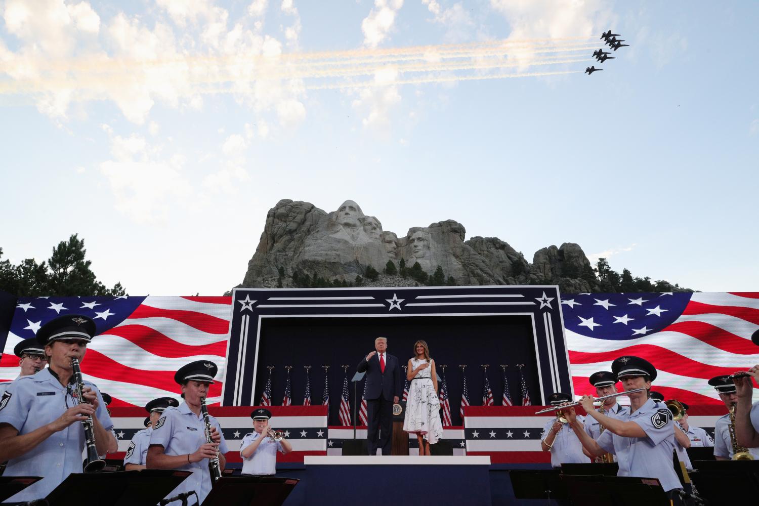 An aerial flypast takes place as U.S. President Donald Trump and first lady Melania Trump attend South Dakota's U.S. Independence Day Mount Rushmore fireworks celebrations at Mt. Rushmore in Keystone, South Dakota, U.S., July 3, 2020. REUTERS/Tom Brenner