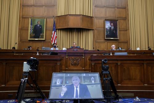 Amazon CEO Jeff Bezos testifies via video conference during a hearing of the House Judiciary Subcommittee on Antitrust, Commercial and Administrative Law on "Online Platforms and Market Power", in the Rayburn House office Building on Capitol Hill, in Washington, U.S., July 29, 2020. Graeme Jennings/Pool via REUTERS