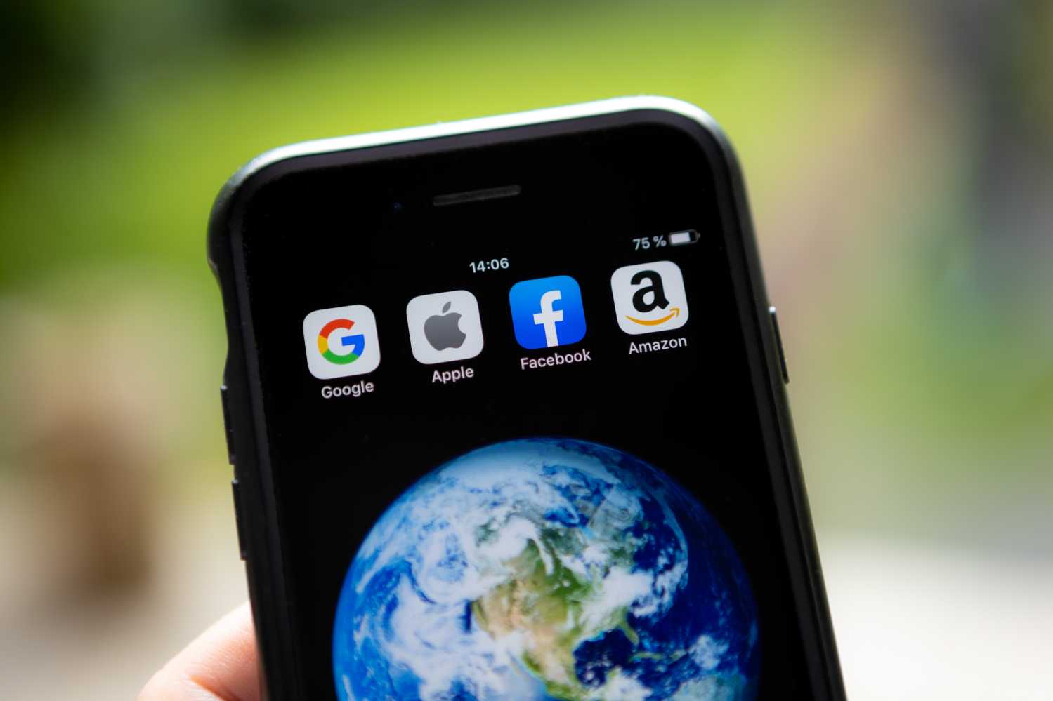 Acronym GAFA (Google, Apple, Facebook, Amazon) designed on an iPhone screen. Montreal (Canada), July 28th, 2019.Sigle GAFA (Google, Apple, Facebook, Amazon) forme avec les icones des applications mobiles. Montreal (Canada), le 28 juillet 2019.NO USE FRANCE