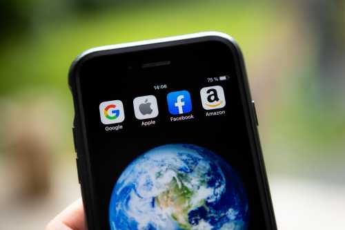 Acronym GAFA (Google, Apple, Facebook, Amazon) designed on an iPhone screen. Montreal (Canada), July 28th, 2019.Sigle GAFA (Google, Apple, Facebook, Amazon) forme avec les icones des applications mobiles. Montreal (Canada), le 28 juillet 2019.NO USE FRANCE