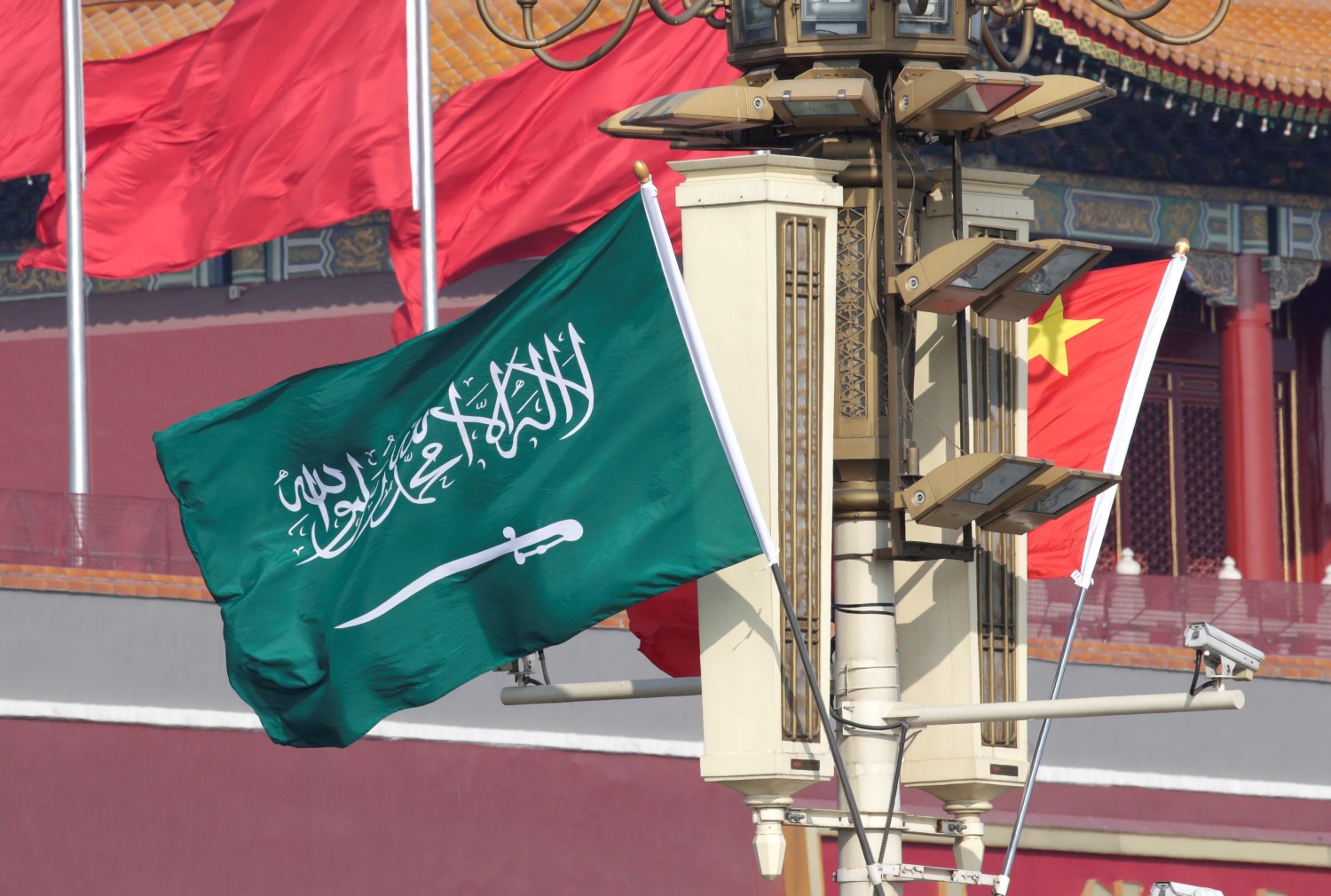 Flags of Saudi Arabia and China are hung in front of Tiananmen Gate before Saudi Crown Prince Mohammed bin Salman's visit to Beijing, China February 21, 2019. REUTERS/Jason Lee