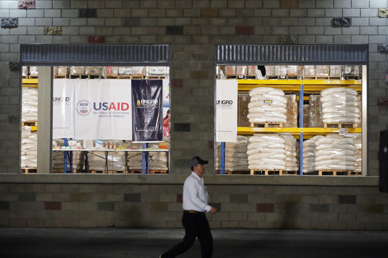 A view shows aid at a warehouse where international humanitarian aid for Venezuela is being stored, during a visit by U.S. Secretary of State Mike Pompeo and Colombia’s President Ivan Duque, near the La Unidad cross-border bridge between Colombia and Venezuela in Cucuta, Colombia April 14, 2019. REUTERS/Luisa Gonzalez 