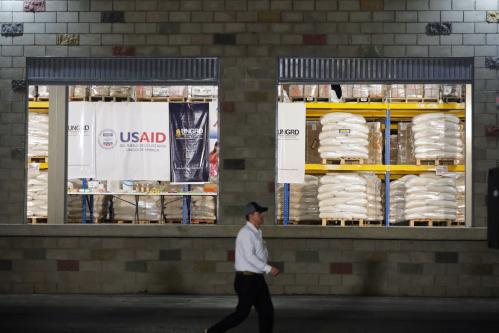 A view shows aid at a warehouse where international humanitarian aid for Venezuela is being stored, during a visit by U.S. Secretary of State Mike Pompeo and Colombia’s President Ivan Duque, near the La Unidad cross-border bridge between Colombia and Venezuela in Cucuta, Colombia April 14, 2019. REUTERS/Luisa Gonzalez 