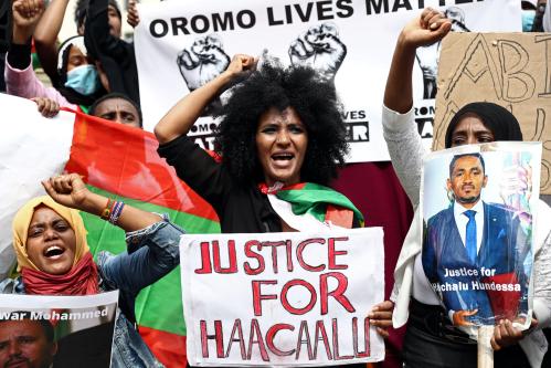 People gather to protest against the treatment of Ethiopia's ethnic Oromo group, outside Downing Street in London, Britain, July 3, 2020. REUTERS/Simon Dawson