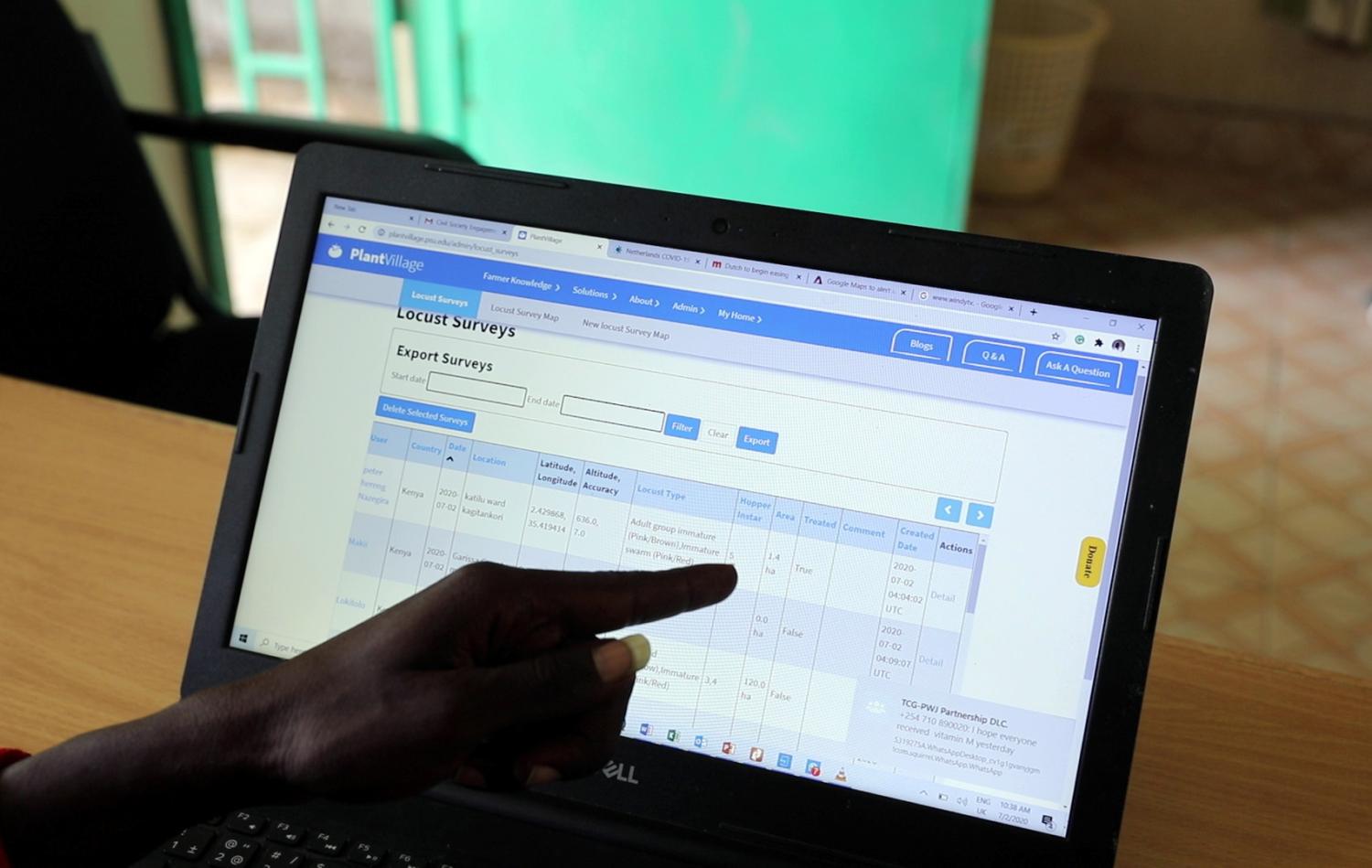 Turkana sub county crops officer Alfons Aurun, displays data coming in from the E-locust phone app on his computer in his office in the town of Lodwar, Turkana county, Kenya, July 2, 2020, in this picture grab taken from a video. Picture taken July 2, 2020.REUTERS/Baz Ratner