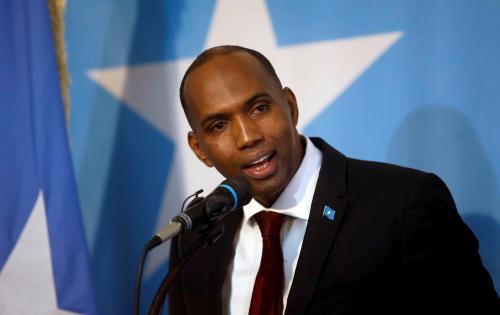 FILE PHOTO: Somalia's Prime Minister Hassan Ali Khaire addresses the Parliament seating where he was confirmed in Somalia's capital Mogadishu March 1, 2017. REUTERS/Feisal Omar/File Photo