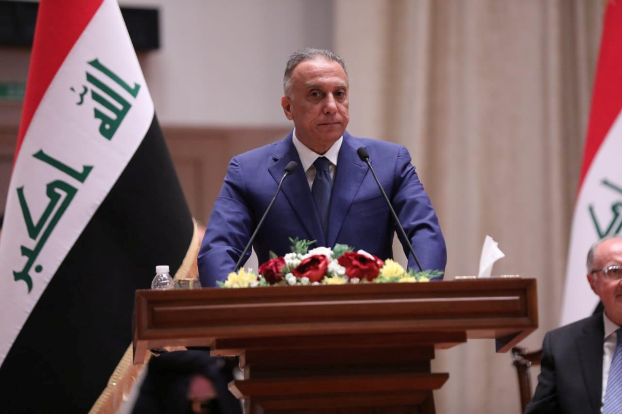 Iraqi Prime Minister-designate Mustafa al-Kadhimi delivers a speech during the vote on the new government at the parliament headquarters in Baghdad, Iraq, May 7, 2020. Iraqi Parliament Media Office/Handout via REUTERS ATTENTION EDITORS - THIS PICTURE WAS PROVIDED BY A THIRD PARTY.