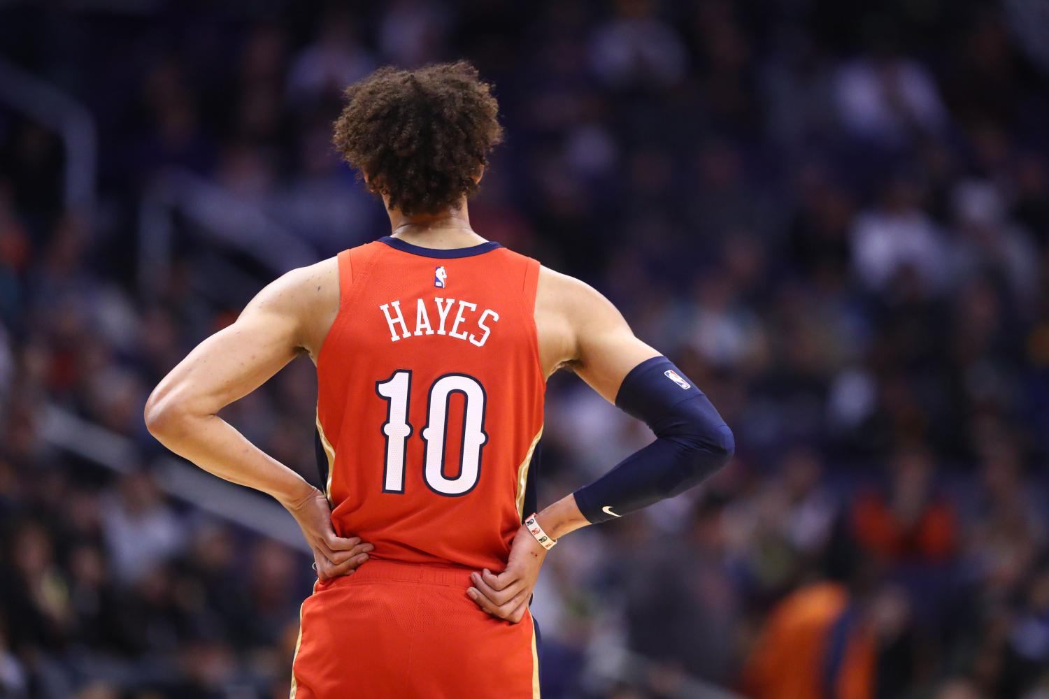 Nov 21, 2019; Phoenix, AZ, USA; Detailed view of the jersey of New Orleans Pelicans center Jaxson Hayes (10) against the Phoenix Suns at Talking Stick Resort Arena. Mandatory Credit: Mark J. Rebilas-USA TODAY Sports