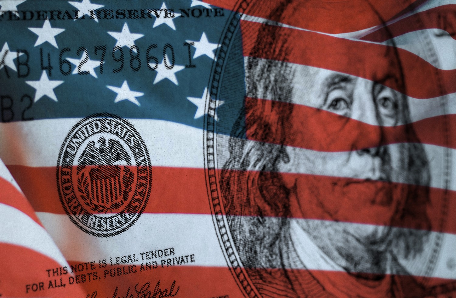 Federal reserve system symbol on hundred dollar bill with united states of america flag