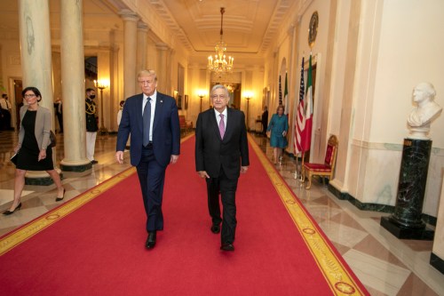 U.S. President Donald Trump and Mexico's President Andres Manuel Lopez Obrador arrive for a dinner at the White House, in Washington, U.S. July 8, 2020. Mexico's Presidency/Handout via REUTERS ATTENTION EDITORS - THIS IMAGE HAS BEEN SUPPLIED BY A THIRD PARTY. NO RESALES. NO ARCHIVES