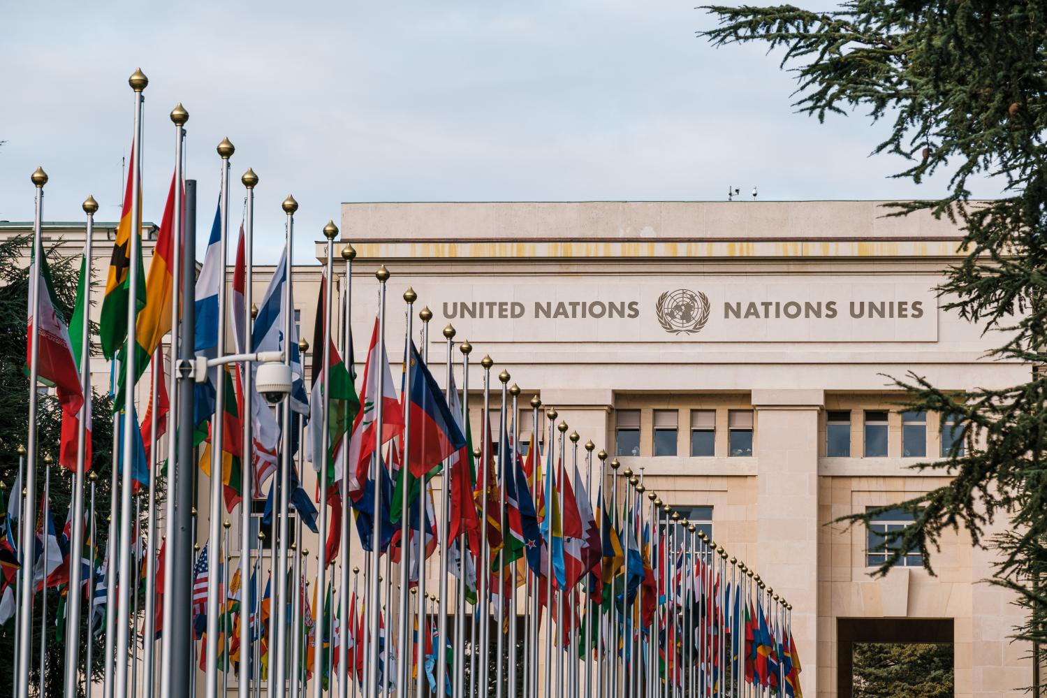 Front of the headquarters of the United Nations Office in Geneva. Geneva, Switzerland, March 04, 2020.Facade du siege de l office des Nations Unis de Geneve. Geneve, 4 Mars 2020.NO USE FRANCE