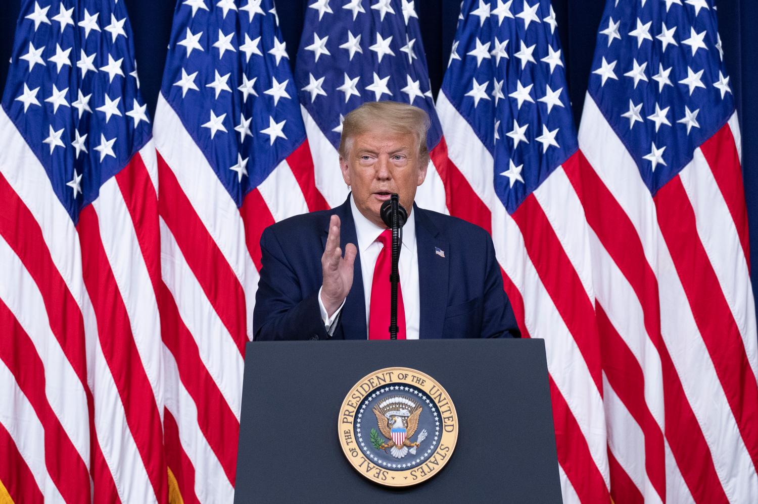 U.S. President Donald Trump speaks during an executive order signing ceremony on lowering drug prices in the Eisenhower Executive Office Building in Washington, D.C., U.S., on Friday, July 24, 2020. Lowering prescription drug prices is a top priority of Trump including a policy to tie Medicare payments to foreign countries' drug prices. Photographer: Stefani Reynolds/Pool/Sipa USANo Use UK. No Use Germany.