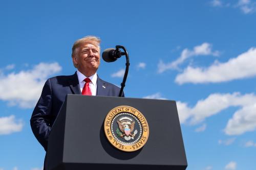 U.S. President Donald Trump delivers a campaign speech at Mankato Regional Airport in Mankato, Minnesota, U.S., August 17, 2020. REUTERS/Tom Brenner