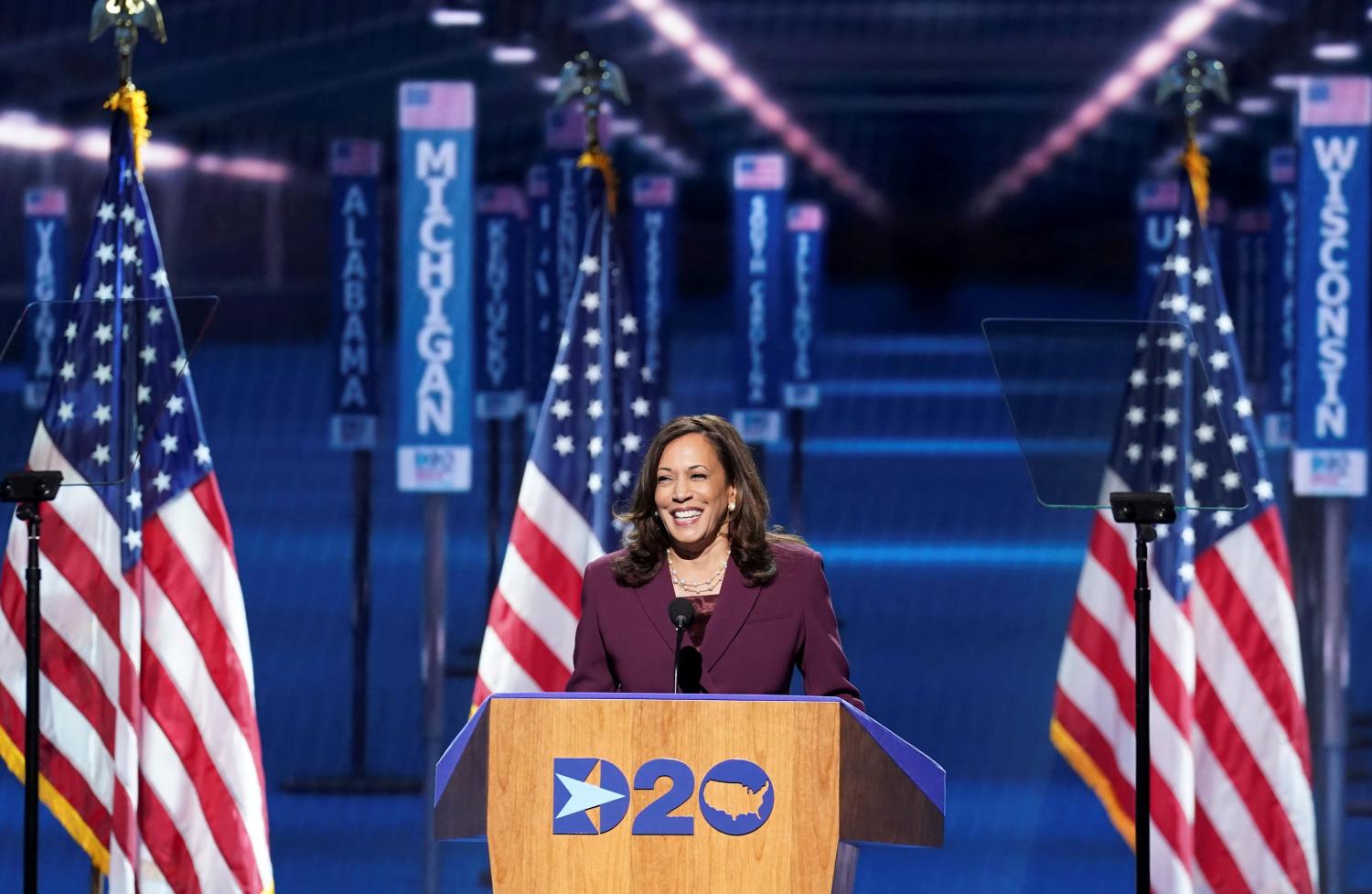 U.S. Senator Kamala Harris (D-CA) accepts the Democratic vice presidential nomination during an acceptance speech delivered for the largely virtual 2020 Democratic National Convention from the Chase Center in Wilmington, Delaware, U.S., August 19, 2020.   REUTERS/Kevin Lamarque     TPX IMAGES OF THE DAY