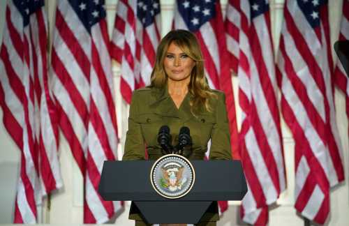 U.S. first lady Melania Trump delivers her live address to the largely virtual 2020 Republican National Convention from the Rose Garden of the White House in Washington, U.S., August 25, 2020. REUTERS/Kevin Lamarque     TPX IMAGES OF THE DAY