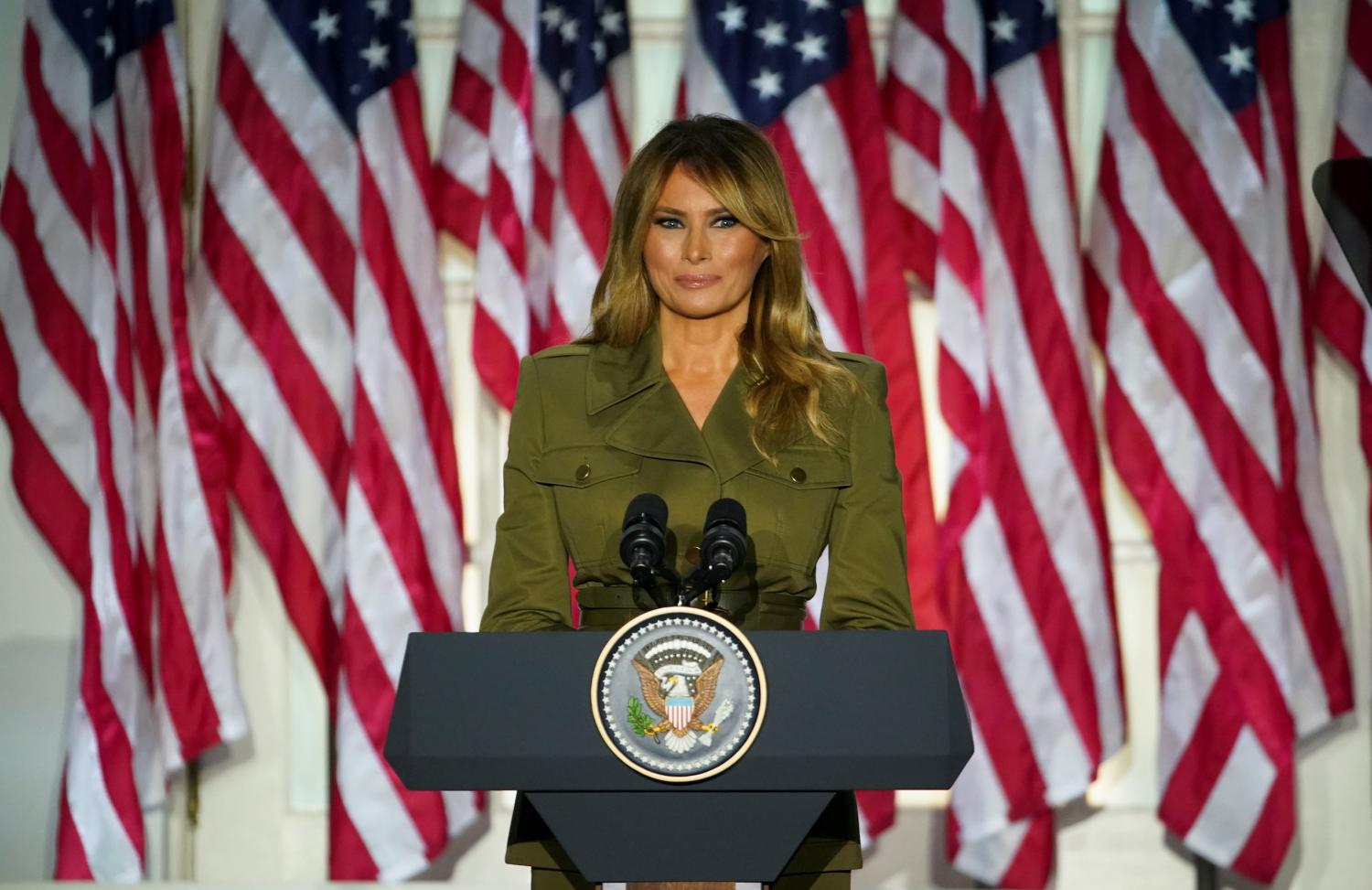 U.S. first lady Melania Trump delivers her live address to the largely virtual 2020 Republican National Convention from the Rose Garden of the White House in Washington, U.S., August 25, 2020. REUTERS/Kevin Lamarque     TPX IMAGES OF THE DAY