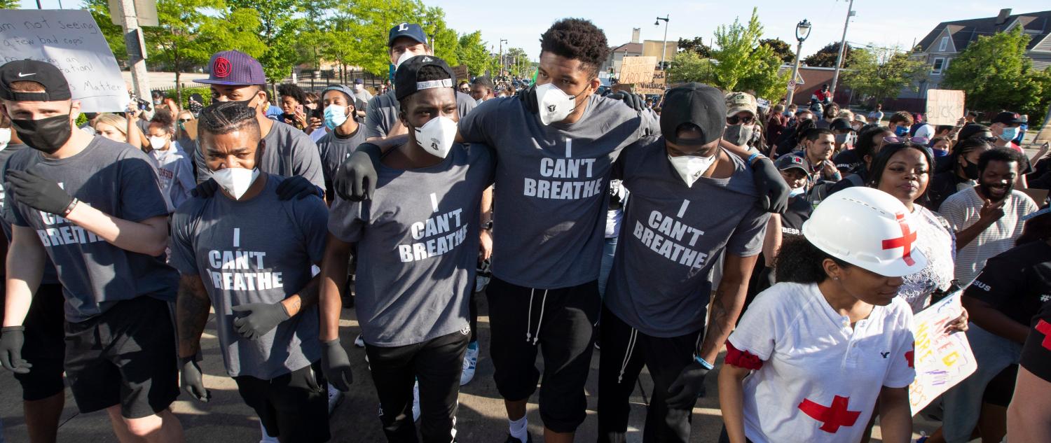 Giannis Antetokounmpo and Bucks teammates march at a protest Saturday in Milwaukee.2020-06-06 Bucks