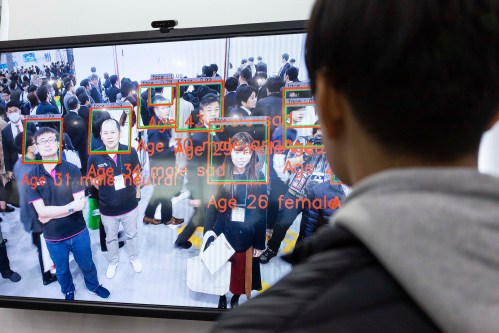 April 03, 2019, Tokyo, Japan - A display shows a facial recognition system during the 3rd Artificial Intelligence Exhibition and Conference (AI EXPO Tokyo 2019) in Tokyo BigSight. AI Expo is Japan's largest trade show specialized in AI technologies and services for professionals involved in the field. (Photo by Rodrigo Reyes Marin/AFLO)