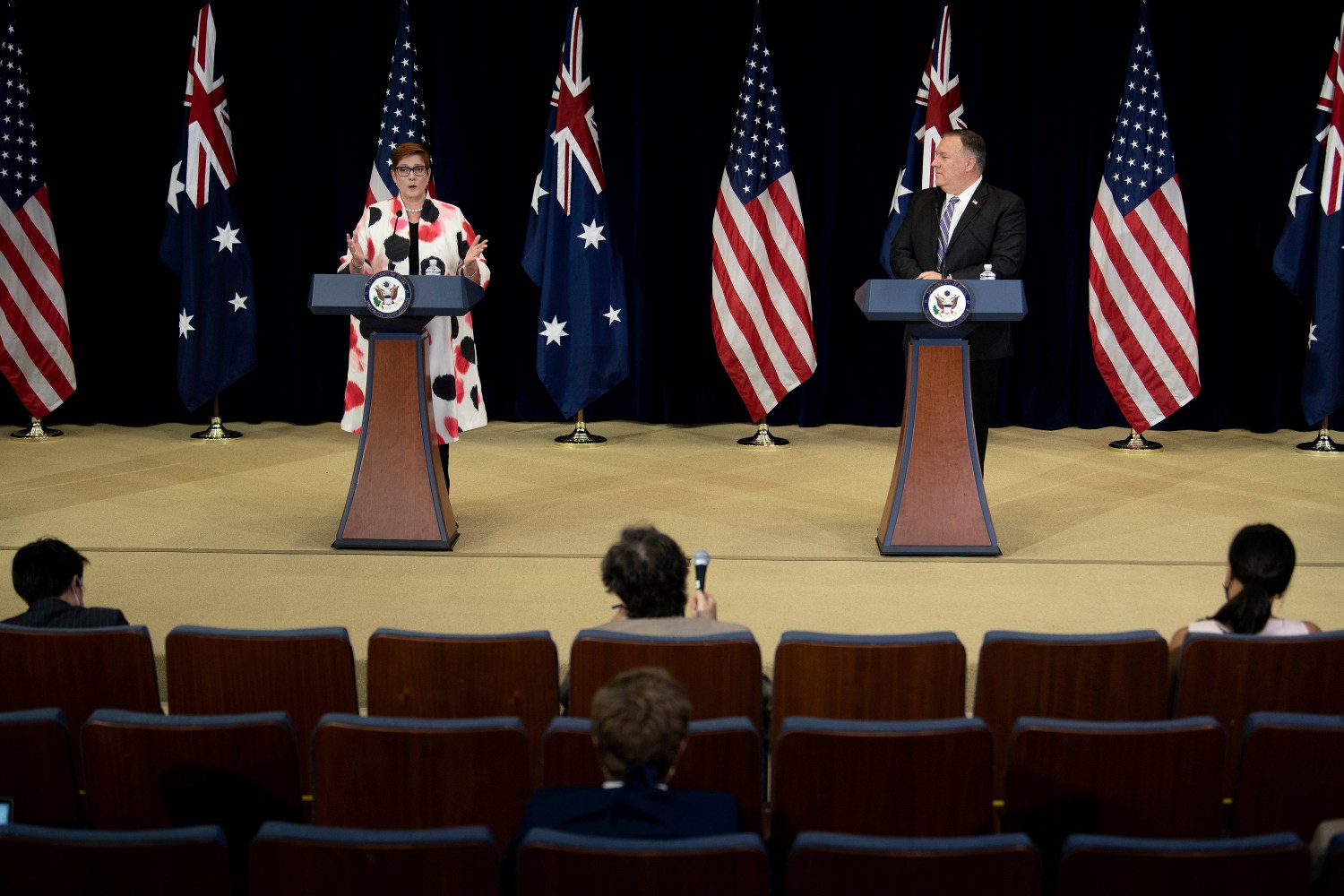 U.S. Secretary of State Mike Pompeo listens while Australia's Foreign Minister Marise Payne speaks during a news conference at the U.S. Department of State following the 30th AUSMIN in Washington, D.C. July 28, 2020. Brendan Smialowski/Pool via REUTERS