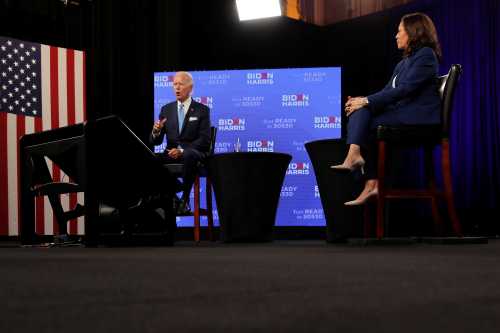 Democratic presidential candidate and former Vice President Joe Biden speaks during a virtual campaign fundraising event with vice presidential candidate Senator Kamala Harris in Wilmington, Delaware, U.S., August 12, 2020. REUTERS/Carlos Barria