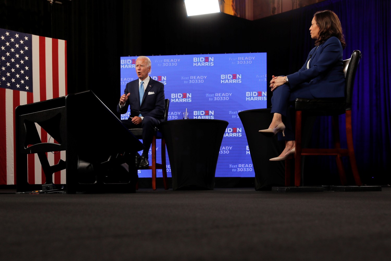 Democratic presidential candidate and former Vice President Joe Biden speaks during a virtual campaign fundraising event with vice presidential candidate Senator Kamala Harris in Wilmington, Delaware, U.S., August 12, 2020. REUTERS/Carlos Barria