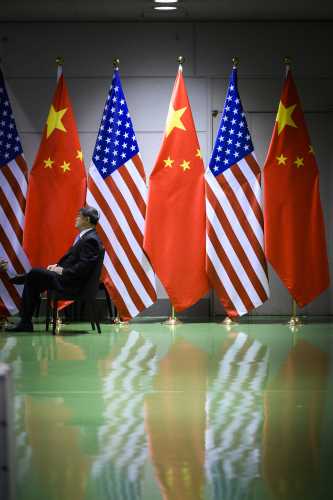 Photo of U.S. and Chinese flags. June 29, 2019. Photo by Eliot Blondet/ABACAPRESS.COM