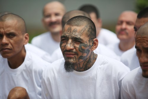 Mara Salvatrucha (MS-13) gang members wait to be escorted upon their arrival at the maximum-security jail in Zacatecoluca, El Salvador, June 22, 2017. REUTERS/Jose Cabezas