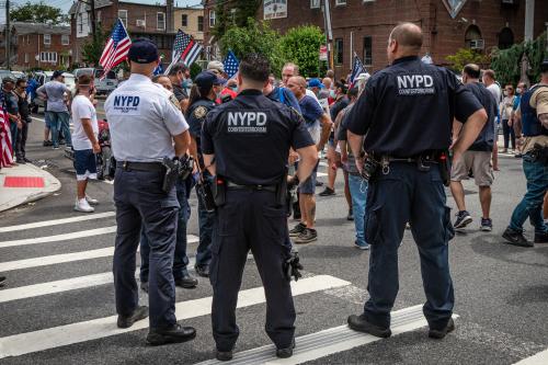 Members of the NYPD Counterterrorism unit monitor a Blues Lives Matter rally in Bay Ridge, Brooklyn, on July 11, 2020. (Photo by Gabriele Holtermann/Sipa USA)No Use UK. No Use Germany.