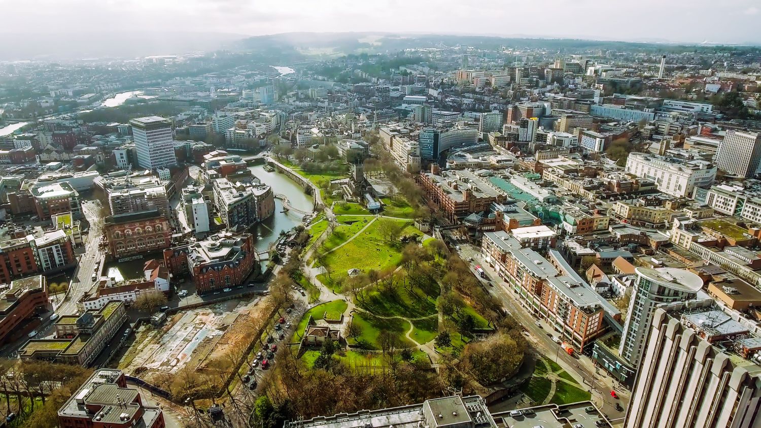 Bristol City Center Aerial View in England UK